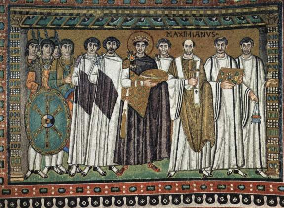 The mosaic of Emperor Justinian and his retinue, 547 D.C. San Vitale, Ravenna.