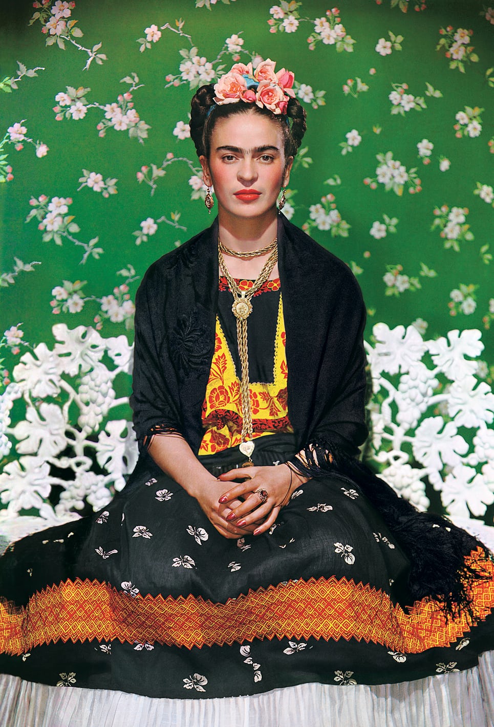 Frida Kahlo On White Bench, a photograph by Nickolas Muray, taken in 1938